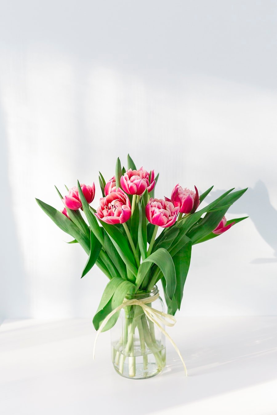 Hand-tied posy of pink tulips in a vase
